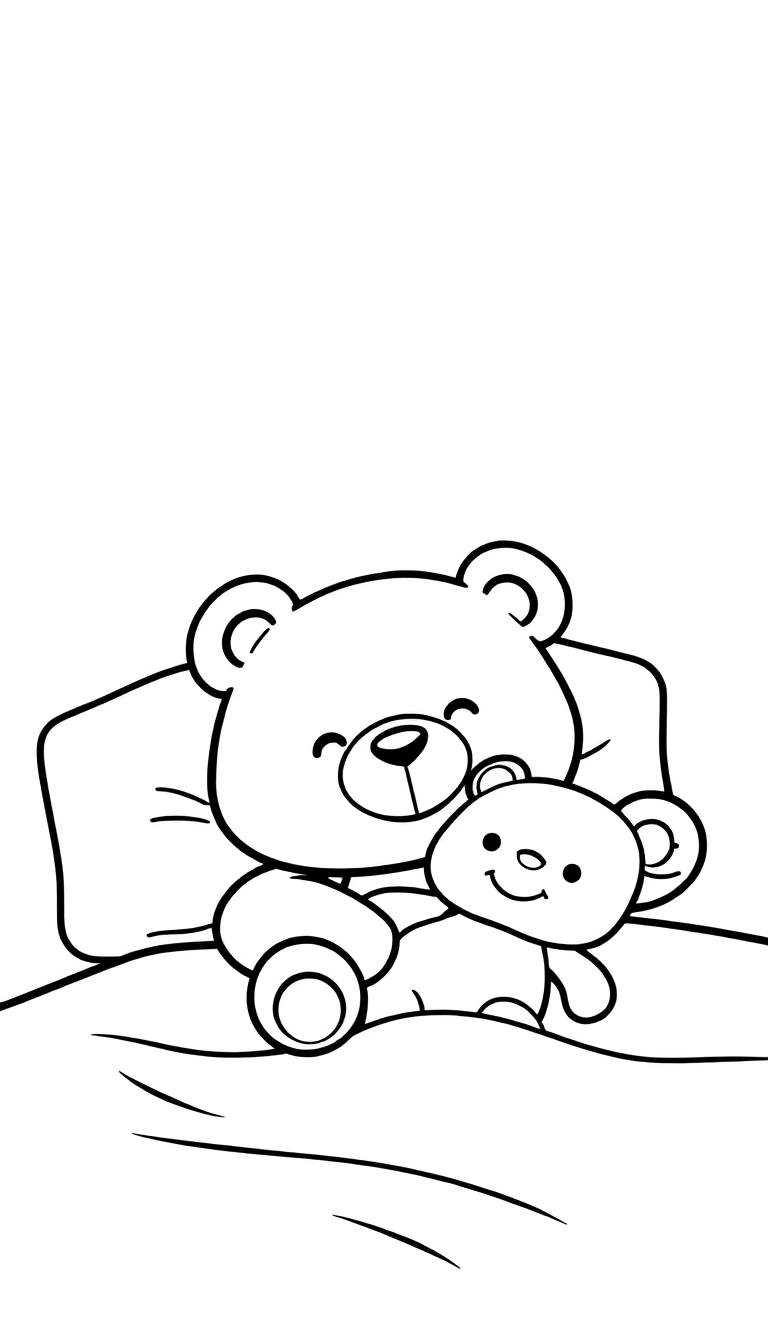 Kleurplaat van een grote teddybeer die een kleinere teddybeer knuffelt, beiden lachend, onder een deken in bed.