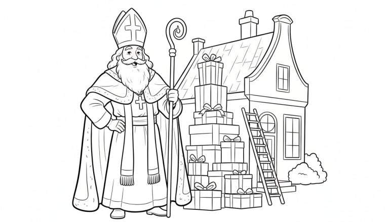 Kleurplaat van Sinterklaas die voor een huis met cadeaus staat.