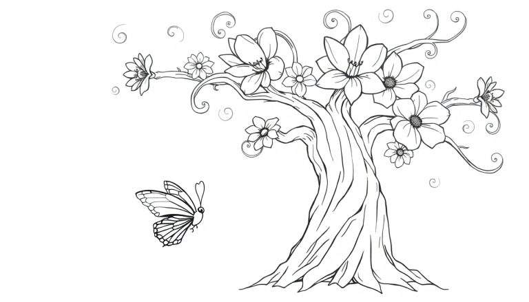 Gedetailleerde zwart-wit lijntekening van een fantasieboom met grote bloemen, een vliegende vlinder en sierlijke spiralen, ideaal om in te kleuren.
