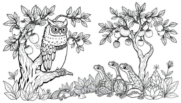 Zwart-wit lijntekening van een boslandschap met een uil met bril op een appelboom en geometrische hagedissen op de grond.