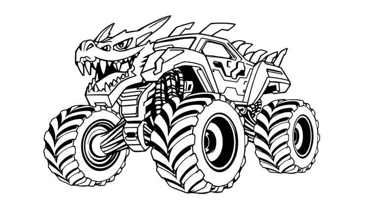 Zwart-witte lijntekening van een monstertruck met een drakenkop als voorkant, grote banden en een stoer uiterlijk, klaar om ingekleurd te worden.