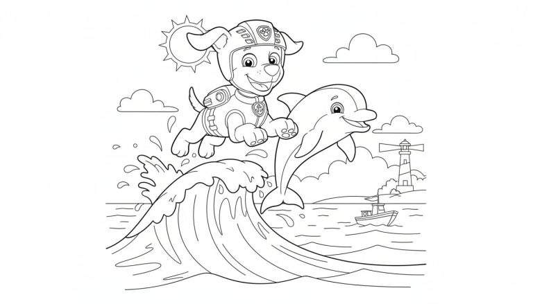 Kleurplaat van Zuma van Paw Patrol met helm en reddingsvest die samen met een lachende dolfijn uit het water springt over een golf, met vuurtoren en bootje op de achtergrond.