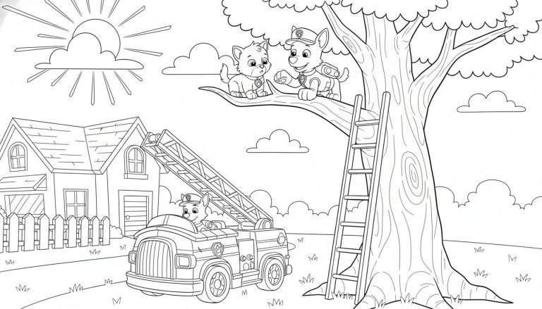 Kleurplaat van Paw Patrol pup Marshall in zijn brandweerwagen, onderweg om een katje en een andere pup uit een hoge boom te redden. Een huis staat links, zon en wolken boven.