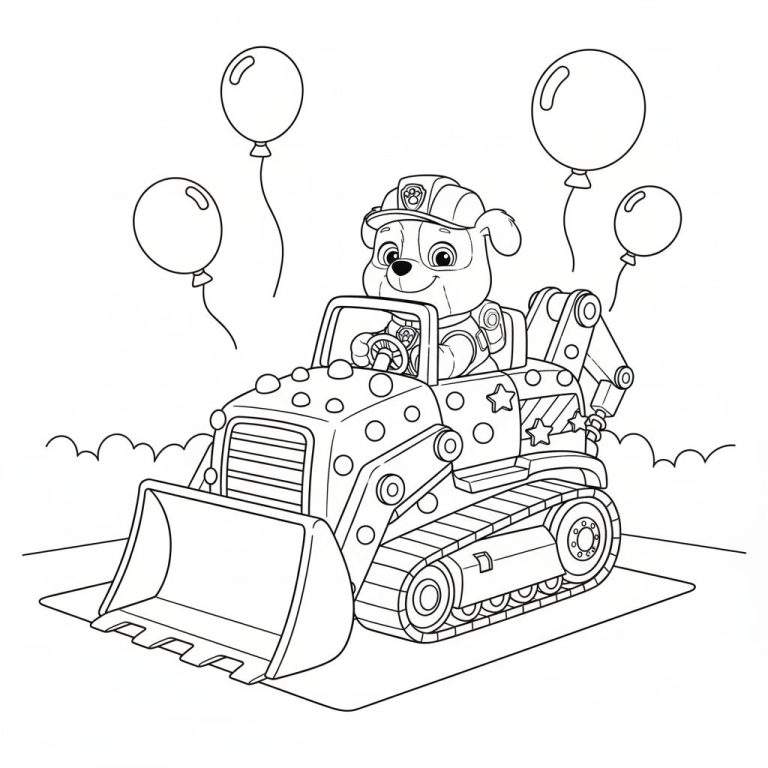 Zwart-wit kleurplaat van Rubble de puppy in een bulldozer, met bouwhelm en uniform, lachend achter het stuur. Vier ballonnen zweven erboven en de ondergrond bestaat uit golvende lijnen.