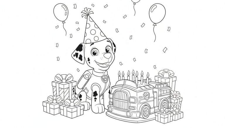 Zwart-wit kleurplaat van Marshall uit Paw Patrol met feesthoed, lachend bij een brandweerauto verjaardagstaart met 7 kaarsjes, omringd door cadeautjes, ballonnen en confetti.