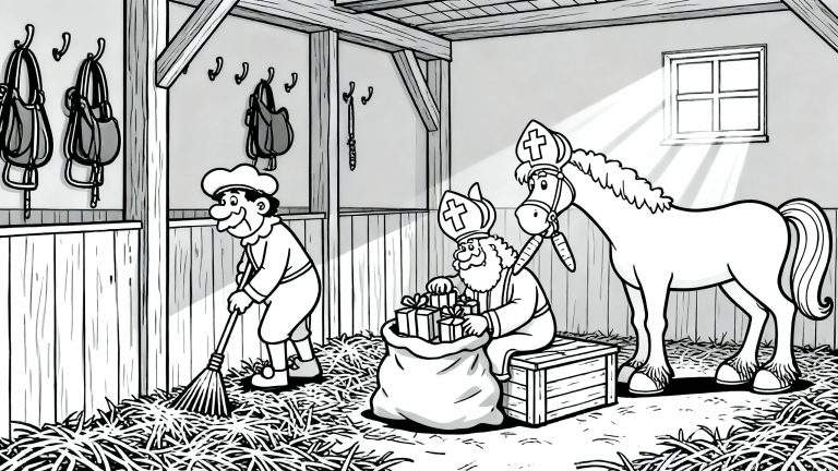 Sinterklaas kleurplaat: Vrolijke cartoon stalscène met man die stro veegt, Sinterklaas met cadeaus op een kistje, en paard Amerigo met mijter en wortel.