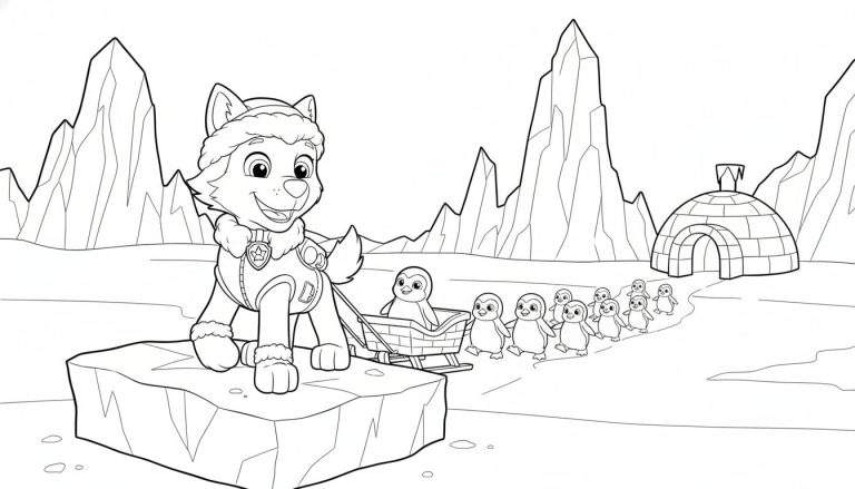 Kleurplaat van Everest de hond die een slee trekt met een pinguïn en gevolgd wordt door een groep pinguïns in een arctisch landschap met ijsbergen en een iglo.