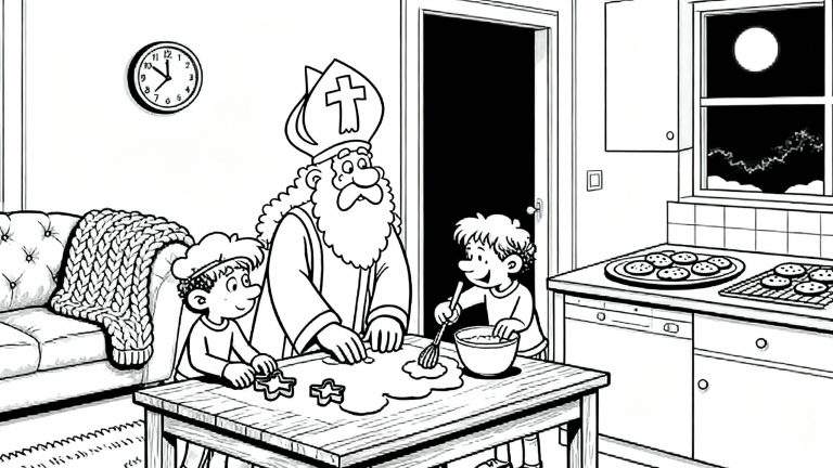 Kleurplaat van Sinterklaas met lange baard en mijter die samen met twee lachende kinderen in koksmutsen koekjes bakt in een gezellige woonkamer en keuken, met gebakken koekjes op het aanrecht en een nachtelijke hemel met volle maan door het raam.
