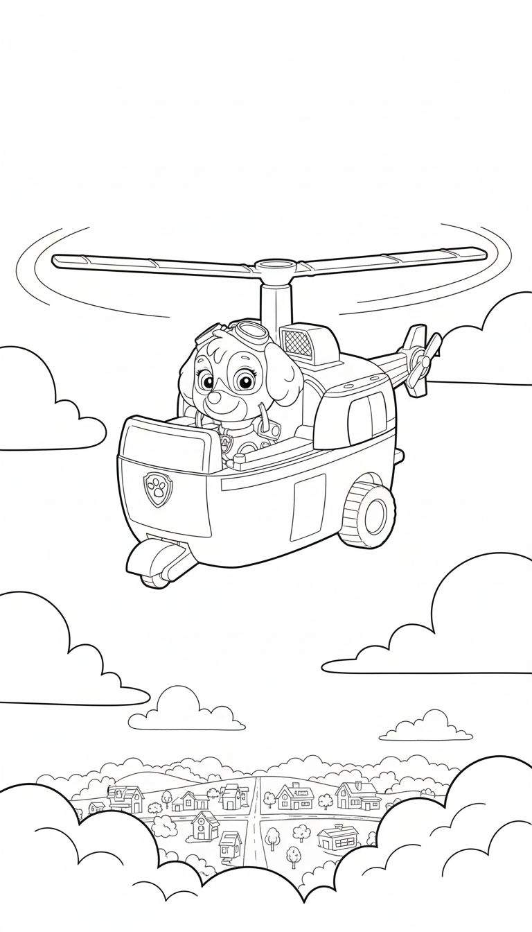 Kleurplaat van Skye van Paw Patrol in haar helikopter, vliegend boven een dorp en wolken vanuit vogelperspectief.