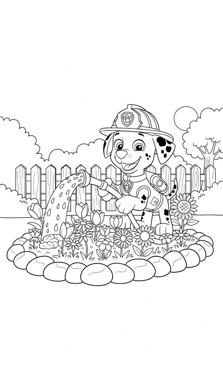 Marshall van Paw Patrol geeft lachend bloemen water in een bloembed met tulpen en zonnebloemen, met een houten hek en zon op de achtergrond.