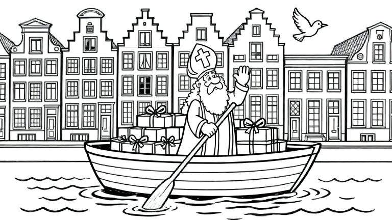 Zwart-wit kleurplaat van Sinterklaas in een roeiboot vol ingepakte cadeaus op een golvende gracht, zwaaiend naar de kijker. Op de achtergrond staan typisch Nederlandse grachtenpanden met diverse gevels en een vogel vliegt rechtsboven in de lucht.