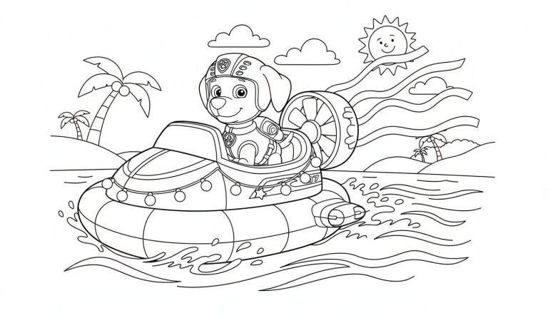 Kleurplaat van Paw Patrol's Zuma in zijn hovercraft met helm, varende door golven. Achtergrond toont tropisch eiland met palmbomen en lachende zon.