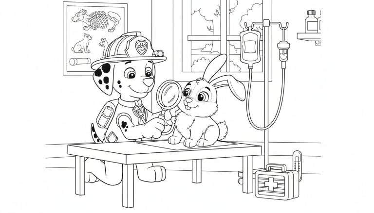 Marshall van Paw Patrol als dierenarts met brandweerhelm onderzoekt een konijntje met een vergrootglas op een tafel in een dierenartspraktijk, met medische details op de achtergrond.