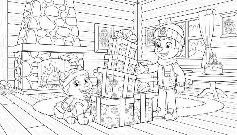 Kleurplaat van een jongen en Everest de pup in een gezellige blokhut bij een open haard, omringd door cadeaus, een verjaardagstaart met '15' en een besneeuwd landschap buiten. De jongen draagt winterkleding en de pup een muts.