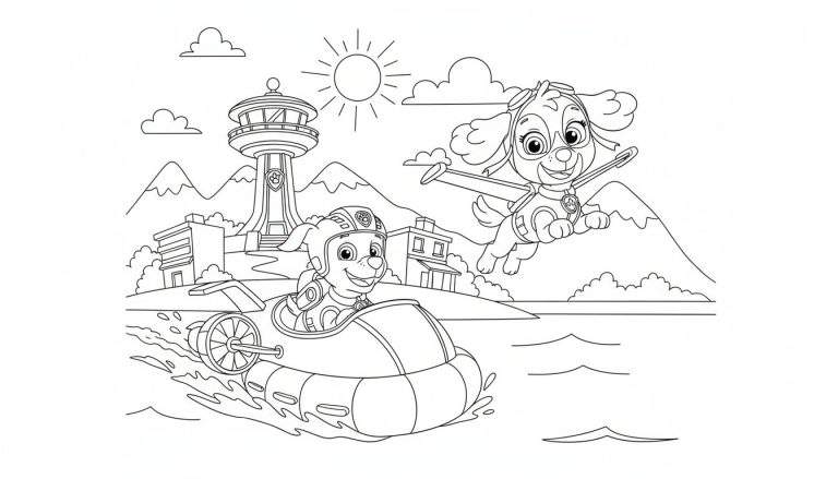 Een vrolijke Paw Patrol kleurplaat met Skye die vliegt en Zuma die in zijn hovercraft over het water vaart, met de iconische uitkijktoren en bergen op de achtergrond.