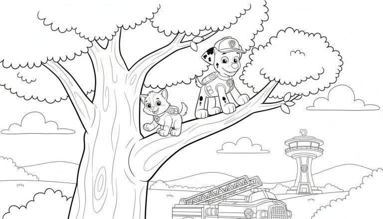 Zwart-wit lijntekening van een Paw Patrol kleurplaat. Centraal staat een grote boom met weelderige bladeren. Links op een tak zit een glimlachende kat of kitten. Rechts op dezelfde tak zit Marshall van Paw Patrol, compleet met zijn rode brandweerhelm en uniform, eveneens glimlachend. Onder de boom is rechtsonder een brandweerwagen te zien met een uitgeschoven ladder die omhoog reikt. Op de achtergrond, op een heuvel, staat de Paw Patrol uitkijktoren onder een lucht met glooiende heuvels en wolken. Een kindvriendelijke en vrolijke scène.