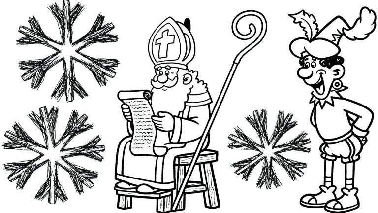 Zwart-wit kleurplaat met zittende Sinterklaas met mijter, staf en lijst, naast een vrolijke Zwarte Piet met gevederde muts en pofbroek, omringd door drie sneeuwvlokken.