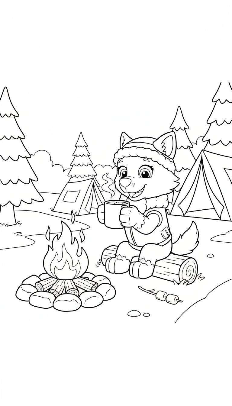 Kleurplaat van een glimlachend wolfje met wintermuts en jasje dat een warme drank drinkt bij een kampvuur, omringd door marshmallows, dennenbomen en tenten in een bosrijke kampeerscène. Thema Everest.