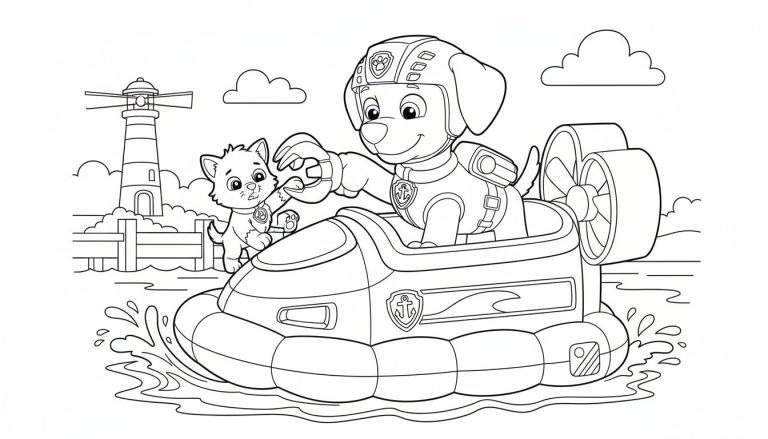 Zwart-wit kleurplaat van een hond, lijkend op Zuma van Paw Patrol, zittend in een hovercraft en een grijper vasthoudend. Naast hem staat een kat. De hovercraft vaart op water met golven, en op de achtergrond zijn een vuurtoren en een steiger te zien onder wolken.