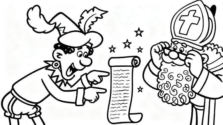 Kleurplaat: Sinterklaas en Zwarte Piet bekijken samen een opgerolde cadeaulijst met namen en cadeaus, omringd door sterren.