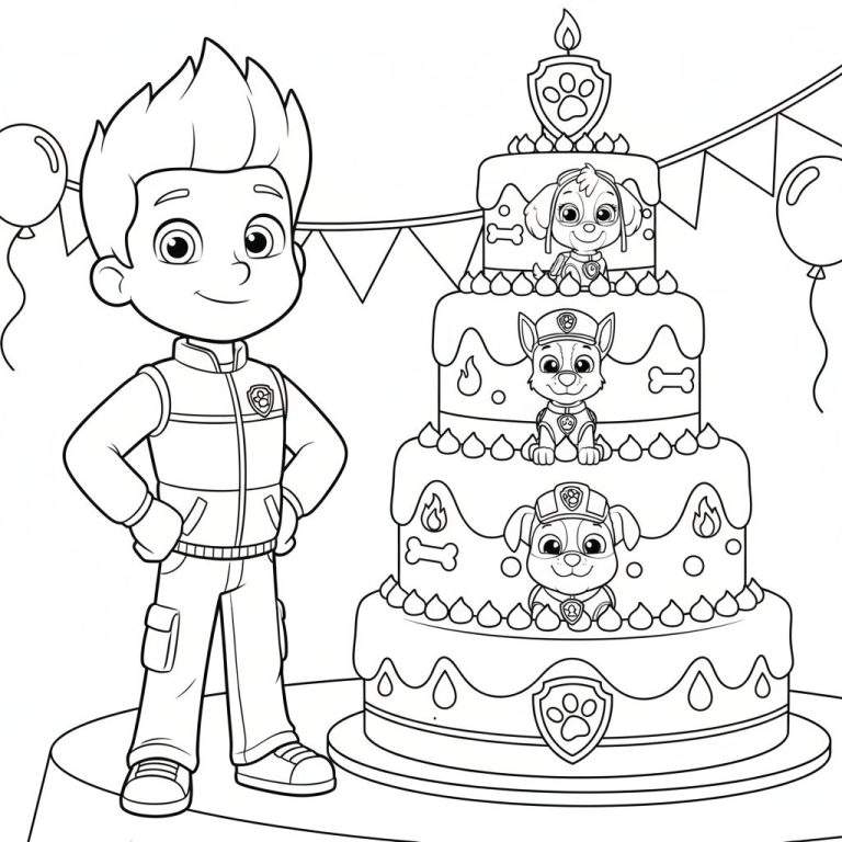 Een zwart-wit Paw Patrol kleurplaat toont Ryder, links, glimlachend met handen in zijn zij. Rechts staat een vierlaagse taart met bovenop een brandende kaars en een pootafdruk schild. Skye zit op de bovenste taartlaag, Chase op de tweede en Marshall op de derde. De taart is versierd met botjes, stippen en golvende lijnen. Rondom hangen ballonnen en vlaggetjesslingers.