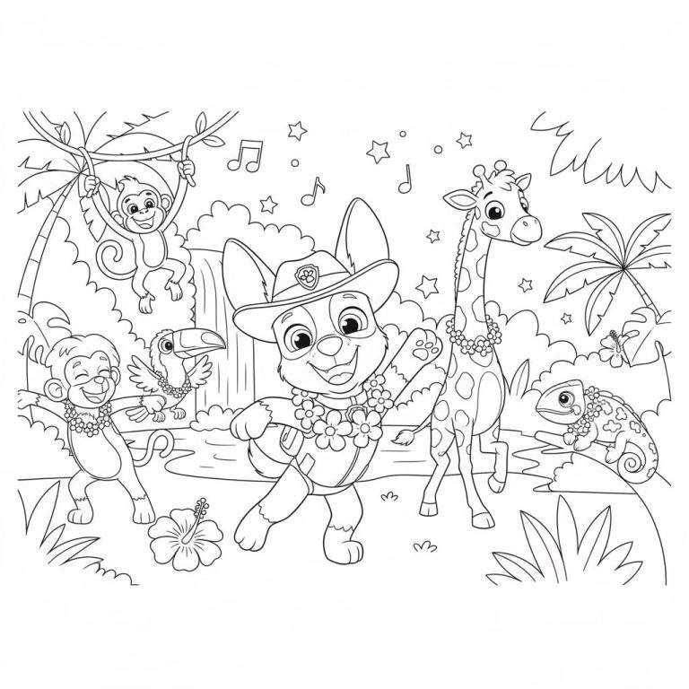 Kleurplaat van Tracker (hond, Paw Patrol-stijl) in de jungle met andere vrolijke dieren zoals apen, een toekan, giraf en kameleon, omringd door palmbomen en een waterval.