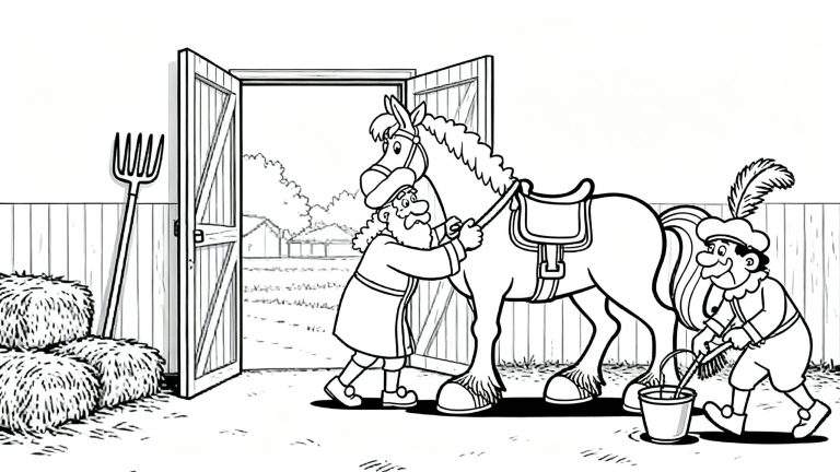 Kleurplaat: Sinterklaas en Piet verzorgen paard Amerigo in een rustieke stal. Sinterklaas borstelt het paard, terwijl Piet met een borstel en emmer helpt. Hooi en open staldeuren met landschap op de achtergrond.