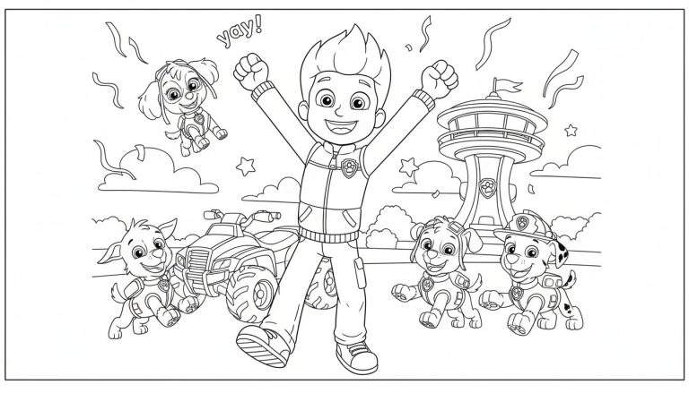 Zwart-wit Paw Patrol kleurplaat van een feestelijke viering met Ryder, Skye, Marshall, Chase en Rocky. Ryder staat triomfantelijk, Skye zweeft, pups rennen voor de Paw Patrol uitkijktoren, omringd door slingers en confetti.