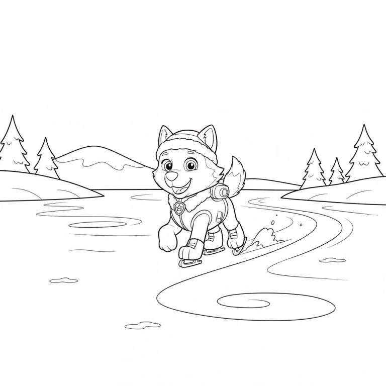 Zwart-wit kleurplaat van Everest, de vrolijke husky, die schaatst in een winterlandschap met besneeuwde heuvels en naaldbomen.