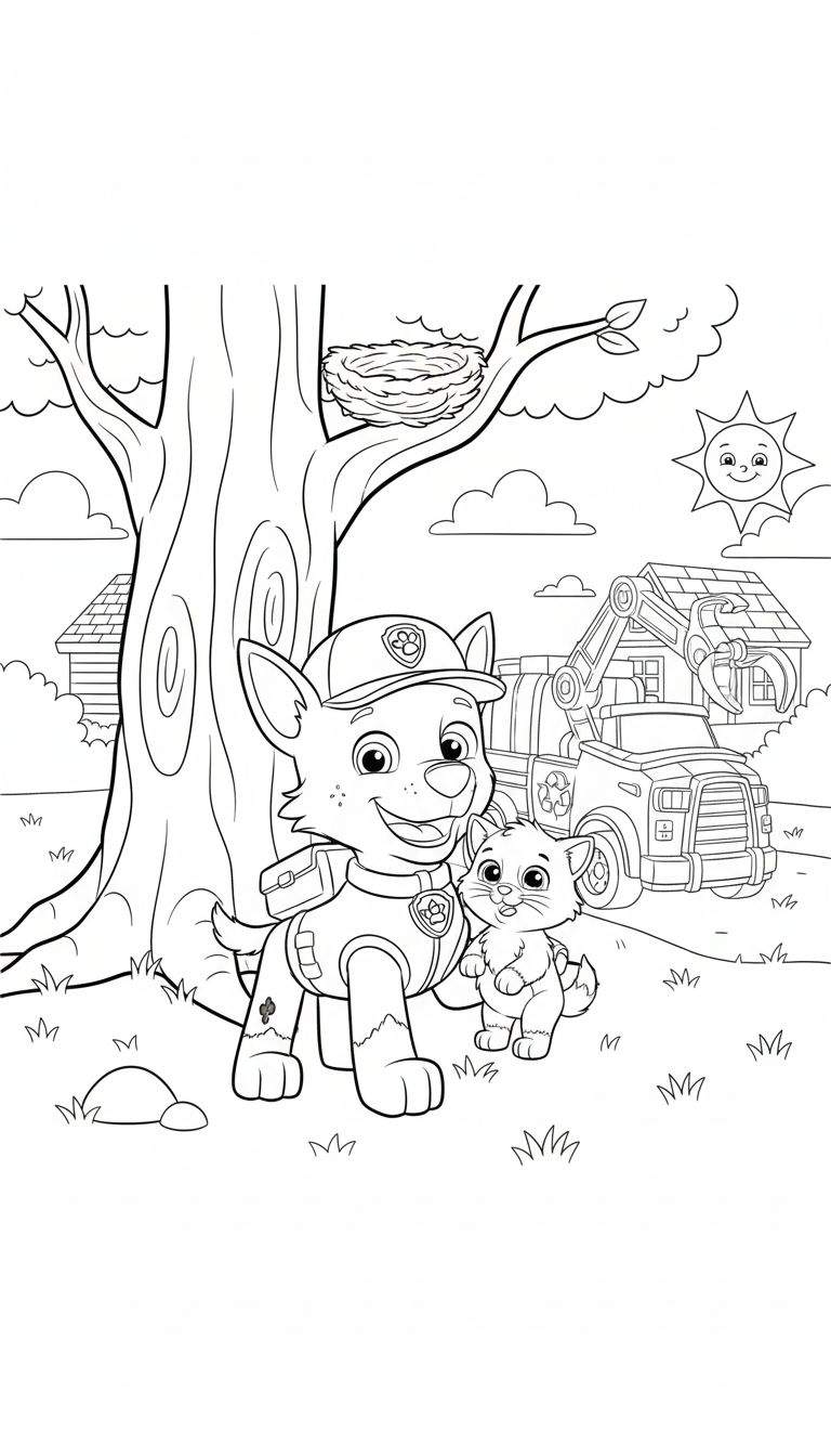 Zwart-wit kleurplaat van Rocky van Paw Patrol in recycle-uniform met een katje, staand voor een recyclingwagen, boom met vogelnestje en huisje, onder een lachende zon.