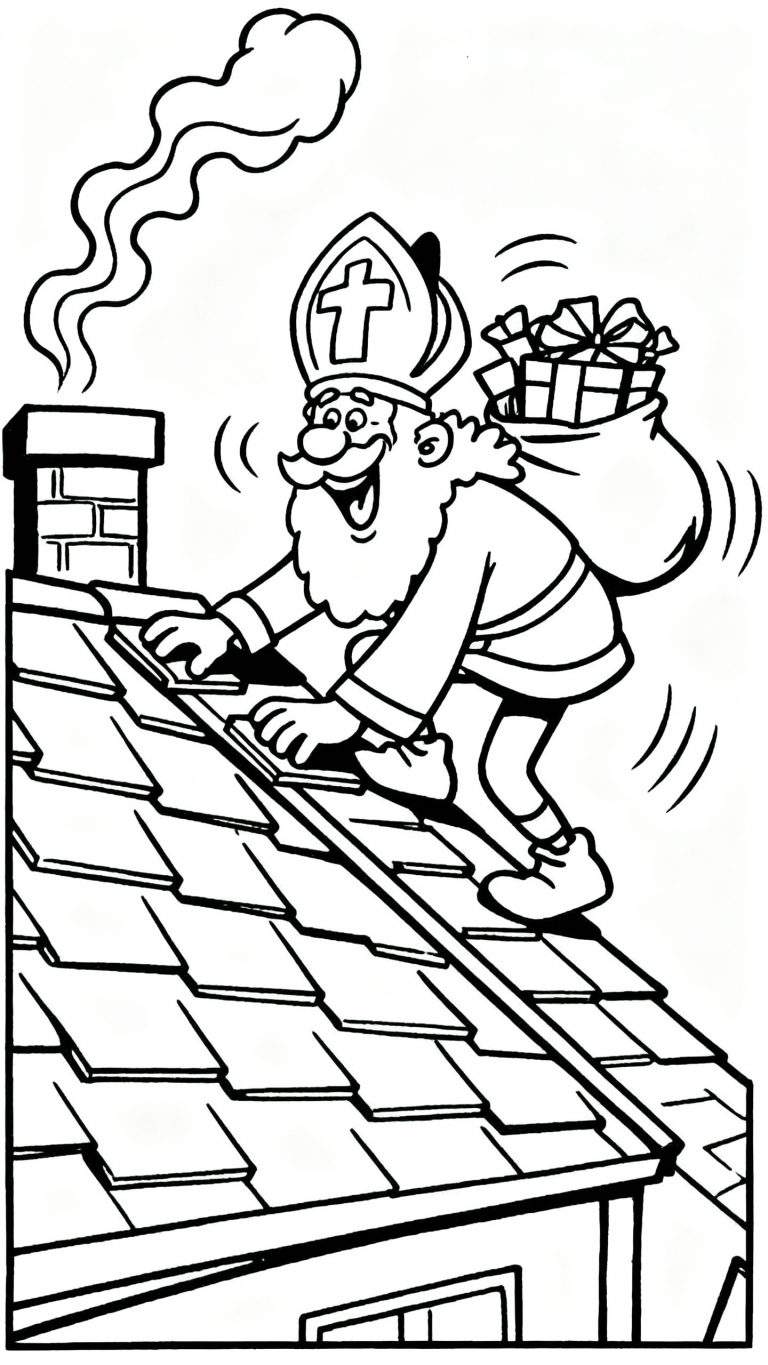 Kleurplaat van Sinterklaas die lachend over een dak kruipt met een zak vol cadeautjes op zijn schouder, naast een rokende schoorsteen. Traditioneel Sinterklaasbeeld.