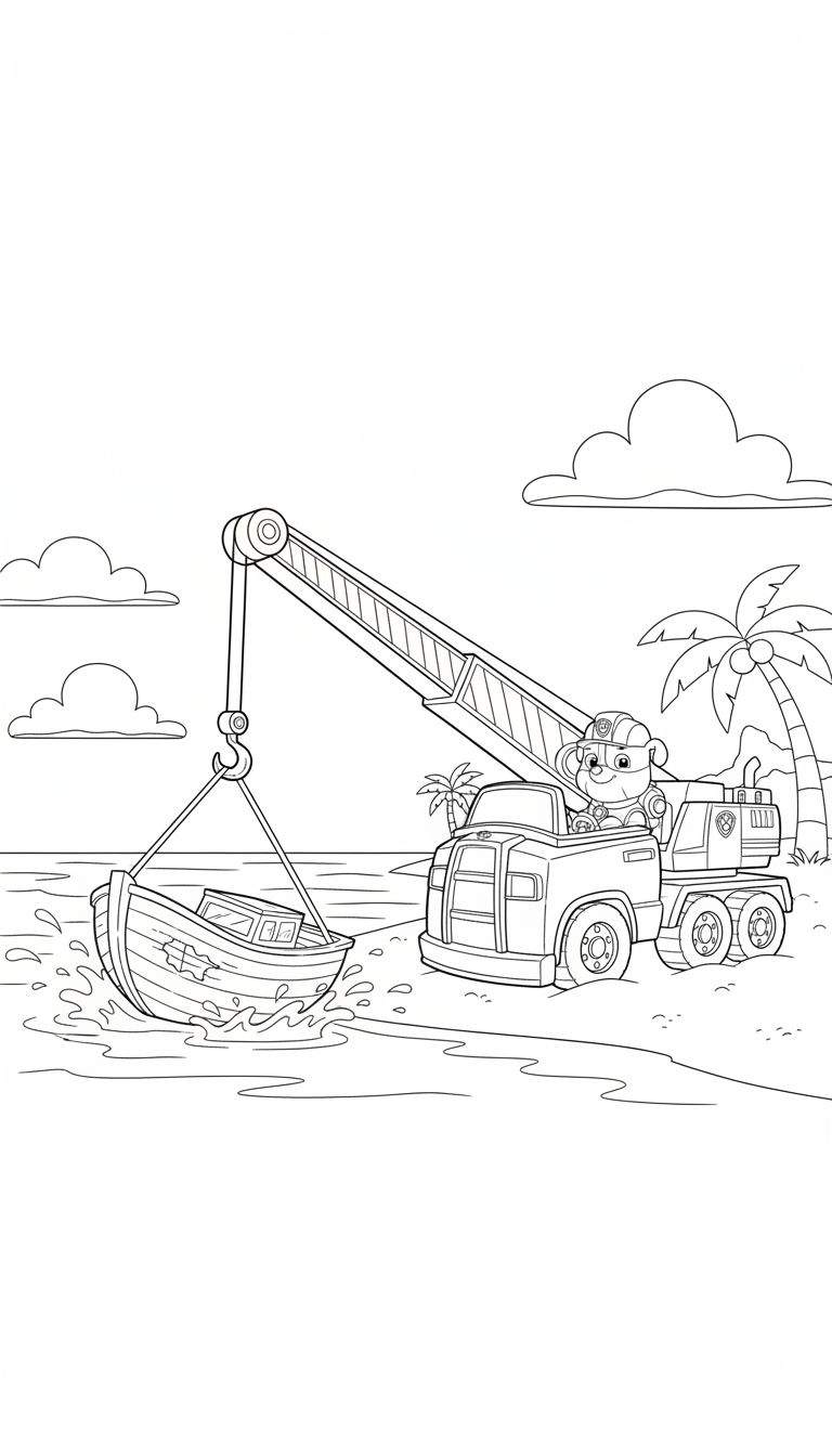 Lijntekening van Rubble (Paw Patrol) in een kraanwagen op het strand, die een houten bootje uit het water hijst. De kraanarm is uitgestrekt en waterspatten omringen het bootje. Palmboompjes en wolken zijn op de achtergrond zichtbaar.