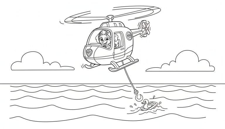 Skye (Paw Patrol) puppy in helikopter met piloothelm, redt een speelgoedeendje uit golvend water met een takel. Wolken aan de hemel.