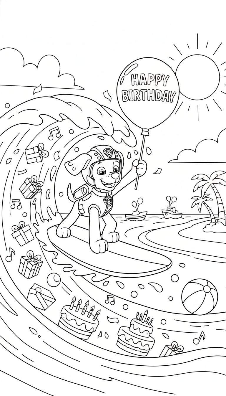 Kleurplaat van een vrolijke hond (zoals Zuma) met helm en reddingsvest op een surfplank, die surft op een grote golf vol cadeautjes en taarten, met een 'HAPPY BIRTHDAY' ballon in poot en een strand op de achtergrond.