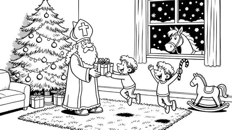 Kleurplaat van Sinterklaas die een cadeau geeft aan een kind, met een tweede juichend kind met zuurstok, versierde kerstboom, cadeaus, hobbelpaard, bank en een paard dat naar binnen kijkt door een besneeuwd raam.
