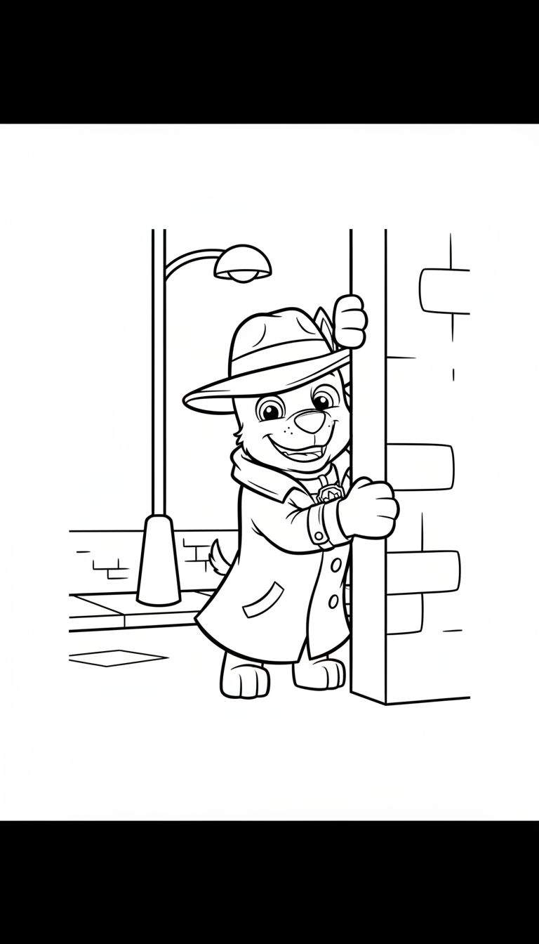 Zwart-wit kleurplaat van hond detective Chase in trenchcoat en fedora, vrolijk om muur loerend. Lantaarnpaal op achtergrond.