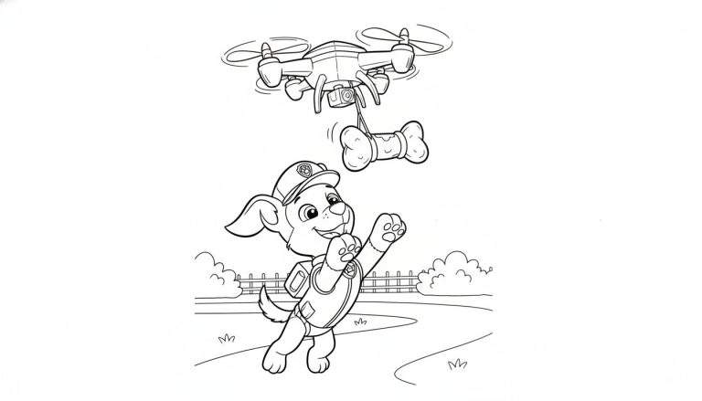 Kleurplaat van vrolijke puppy Chase met pet en rugzak, springend naar een bot dat door een drone wordt bezorgd. Hek en pad op de achtergrond.