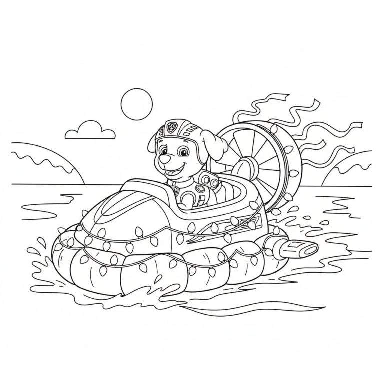 Kleurplaat van Marshall van Paw Patrol in een versierde boot op het water, met een lachende Marshall, helm, lichtjes, schoepenrad, golven en bergen op de achtergrond onder een zon.