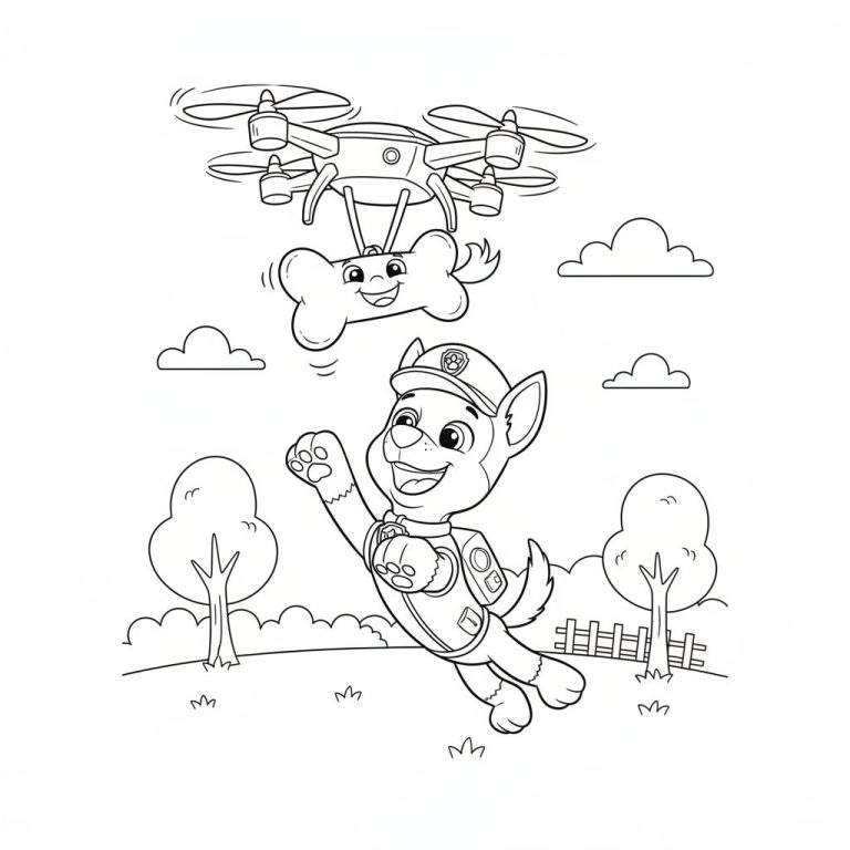 Zwart-wit kleurplaat van Chase van Paw Patrol die springt onder een drone die een lachend bot draagt, met wolken, bomen en een hek op de achtergrond.