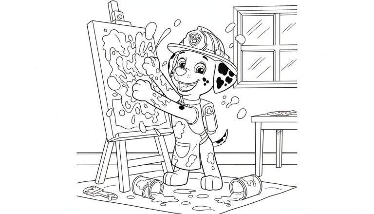 Kleurplaat van Marshall-achtige brandweerhond die vrolijk verf spettert op een doek, omringd door verfvlekken, omgevallen blikken en een raam op de achtergrond.