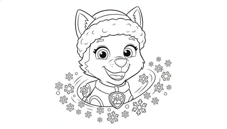 Zwart-wit kleurplaat van vrolijke cartoonhond Everest uit Paw Patrol met wintermuts, lachend en omringd door sneeuwvlokken.