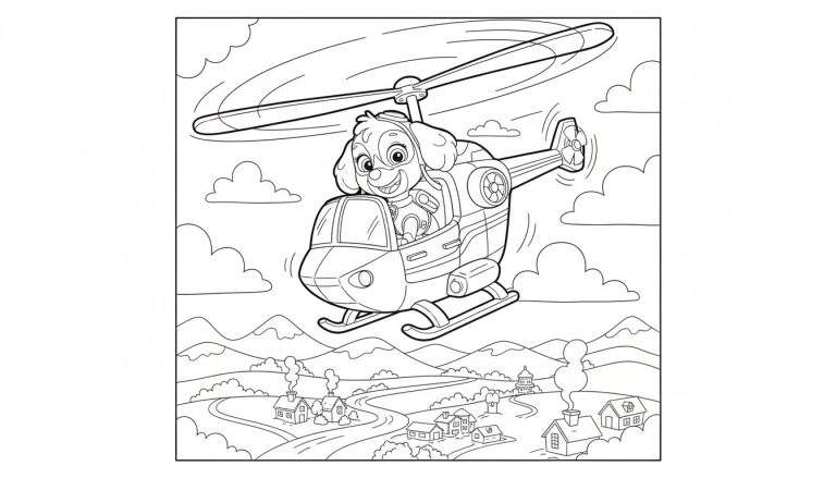 Vrolijke Skye-achtige hond met pilotenbril in helikopter boven idyllisch landschap met bergen, huizen, bomen en een kerk.