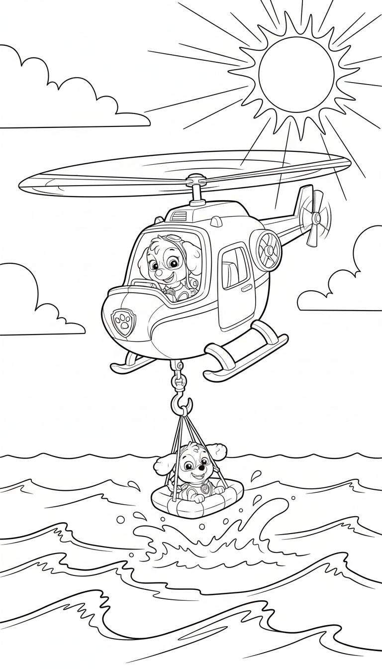 Kleurplaat van Paw Patrol Skye in haar roze helikopter die een ander hondje, waarschijnlijk Rocky, redt uit een woelige zee met golven en waterspatten, onder een stralende zon.