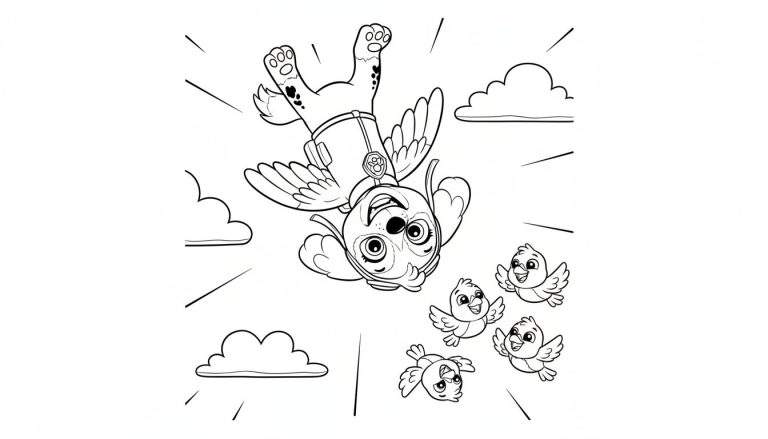 Kleurplaat van vrolijke Skye van Paw Patrol, ondersteboven vliegend met vleugels en vliegersbril. Vier lachende vogeltjes vliegen mee in de lucht met wolken en bewegingslijnen.