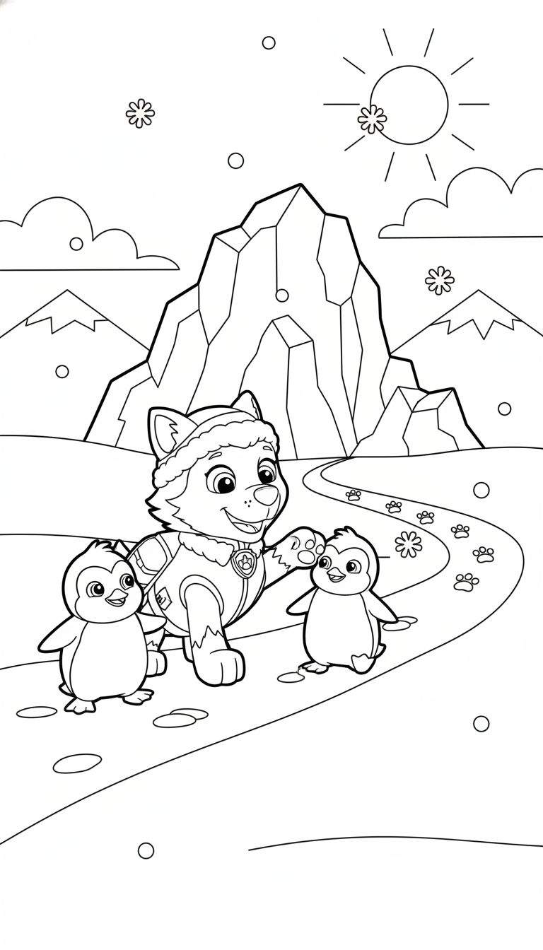 Kleurplaat van Everest van Paw Patrol in winters pak en muts, die glimlachend een pinguïn streelt, terwijl een tweede pinguïn toekijkt. Ze staan op een besneeuwd pad met pootafdrukken, omringd door ruige sneeuwbergen, sneeuwvlokken en een stralende zon.
