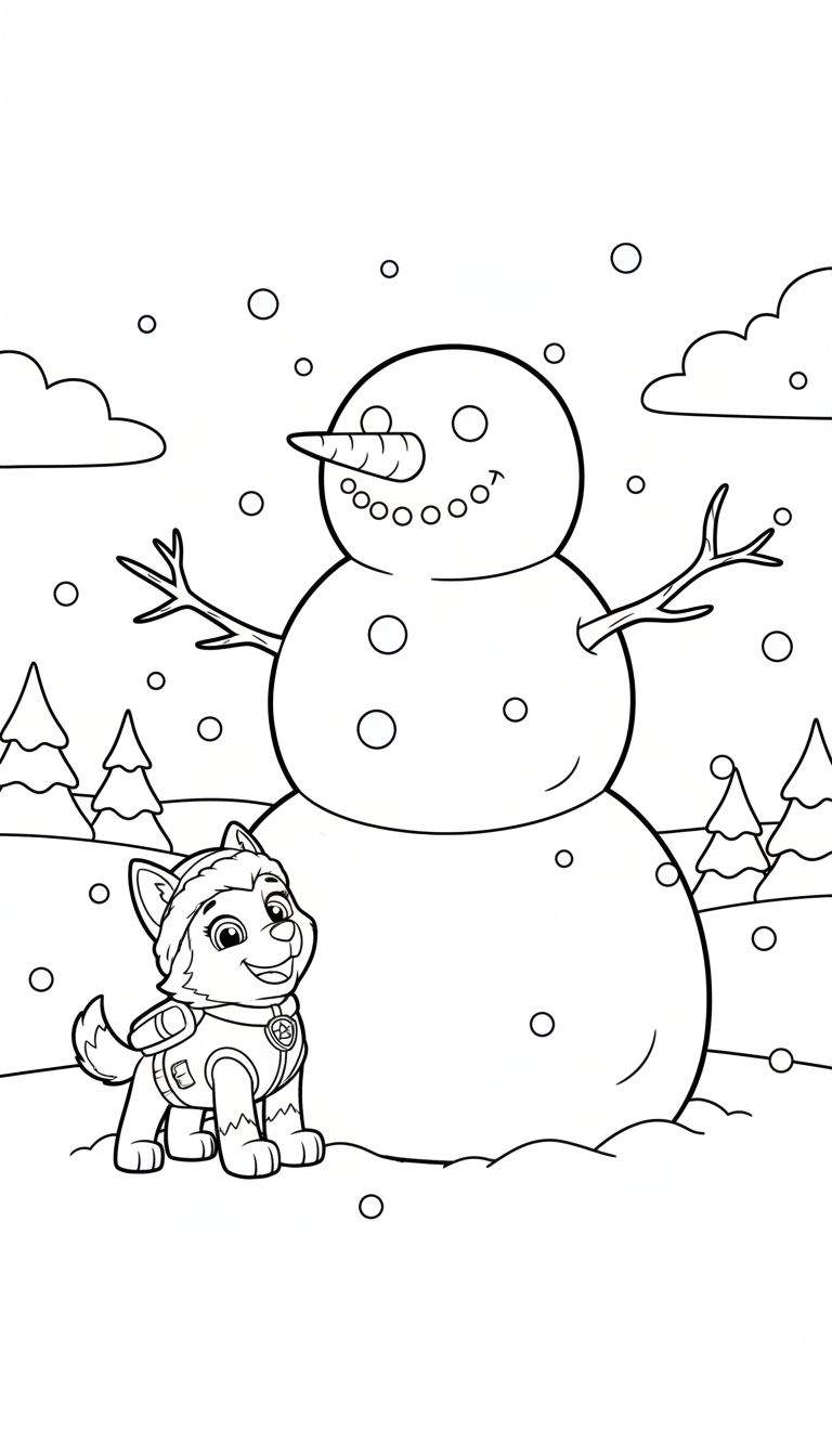 Kleurplaat van Paw Patrol's Everest hondje met een warme muts naast een vrolijke sneeuwpop in een besneeuwd winterlandschap met dennenbomen en sneeuwvlokken.
