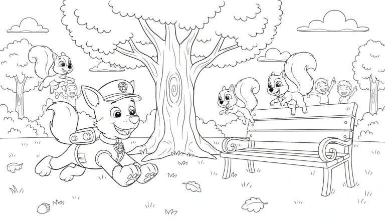Kleurplaat van Rocky van Paw Patrol die vrolijk rent in een herfstpark, omringd door spelende eekhoorns, lachende kinderen en grote bomen. Herfstbladeren en een eikel liggen op de grond.