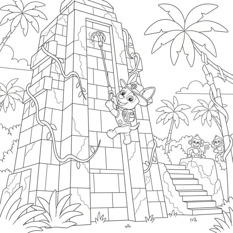 Zwart-wit kleurplaat van Tracker van Paw Patrol die aan een touw tegen een oude jungle piramide klimt, met lianen, palmbomen, struiken en twee lachende aapjes op de achtergrond.