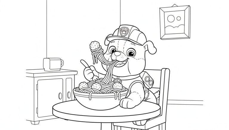Zwart-wit kleurplaat van Rubble uit Paw Patrol die lachend aan tafel spaghetti met gehaktballen eet, een duim omhoog geeft en een pet en uniform draagt.