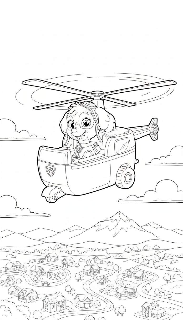 Kleurplaat van lachende Skye van Paw Patrol in helikopter met pilotenmuts, zwevend boven een dorp met huizen en bergen op de achtergrond.
